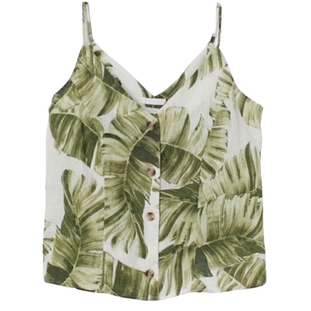 H&M Green & White Linen Floral Print Top(Size Medium)